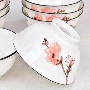 饭碗家用10个红色玉兰花中式 新款 陶瓷碗菜盘高脚碗釉下彩餐具碗盘