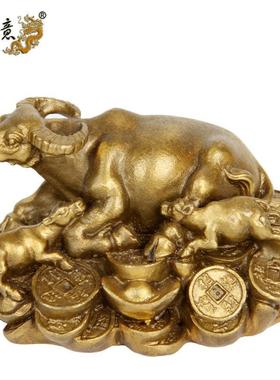 真古意 黄铜母子牛摆件铜生肖牛摆件招铜金钱元宝财牛家居装饰品