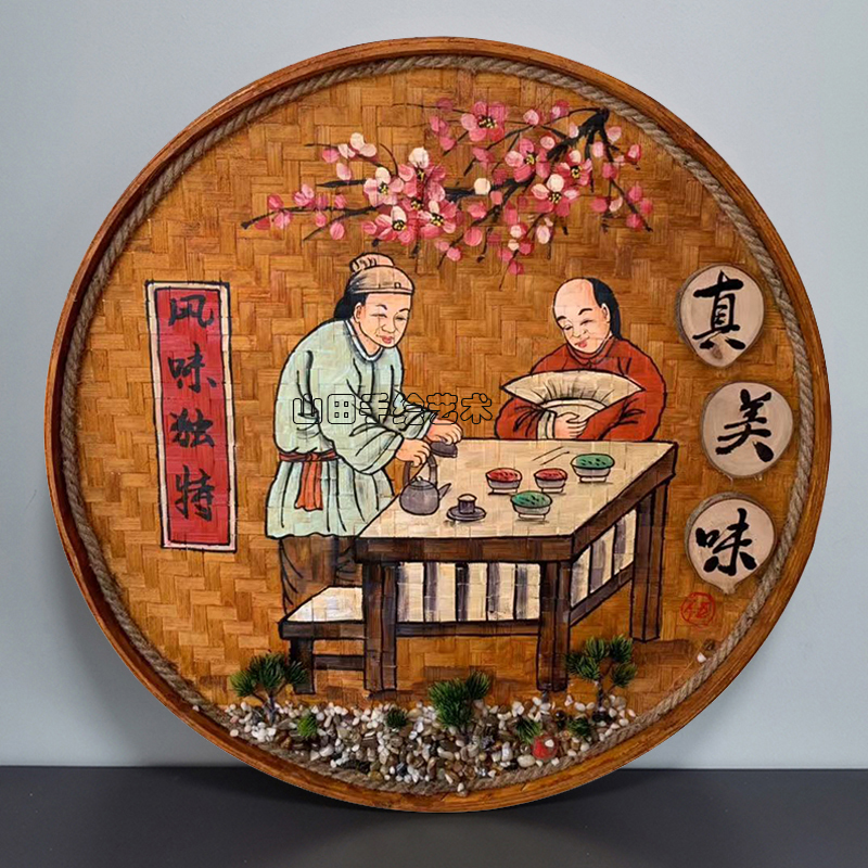 现货手绘竹编簸箕装饰画复古怀旧圆形挂件农家乐墙壁挂饰酒店饭店图片