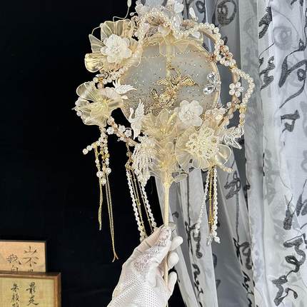 结婚团扇diy材料包出嫁重工新娘双面秀禾喜扇中式高级婚扇成品