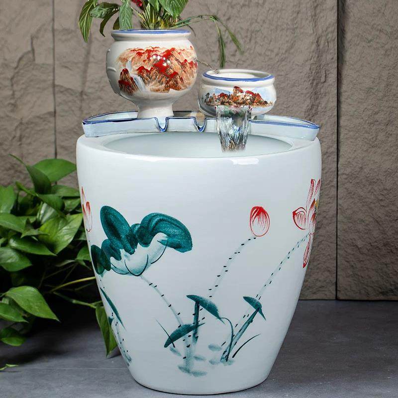 水缸循环过滤器流水瀑布陶瓷摆饰古法养鱼缸增氧循环过滤陶罐水培