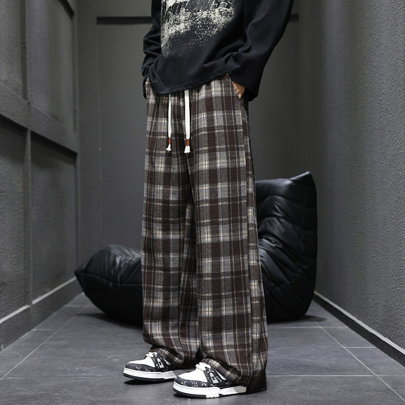 复古撞色格子男生休闲裤宽松直筒2025春秋潮流青少年阔腿运动长裤