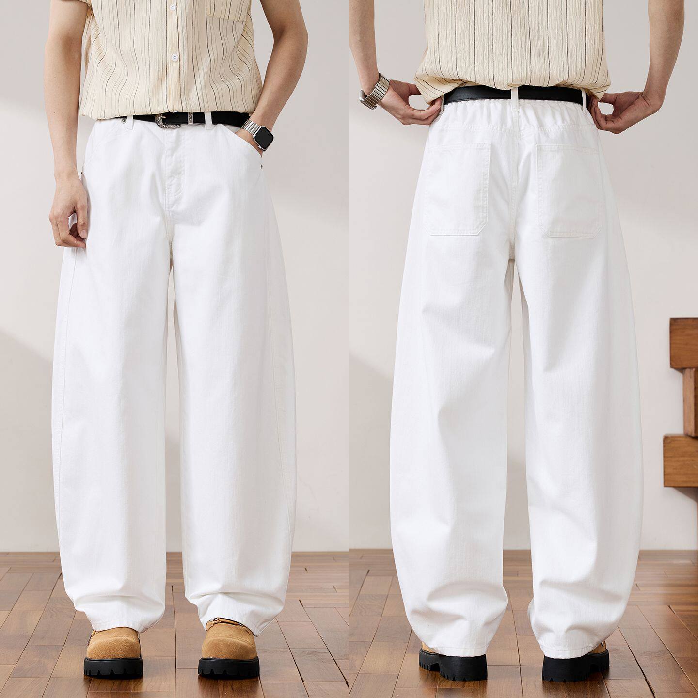 尚谷男装新款白色弯刀牛仔裤女宽松阔腿裤子无品牌简约时尚气质文