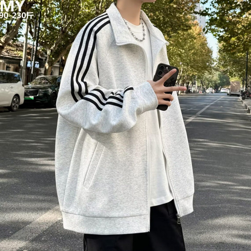 冬季加厚银狐绒保暖纯色开衫立领外套三条横杆长袖运动服宽松卫衣