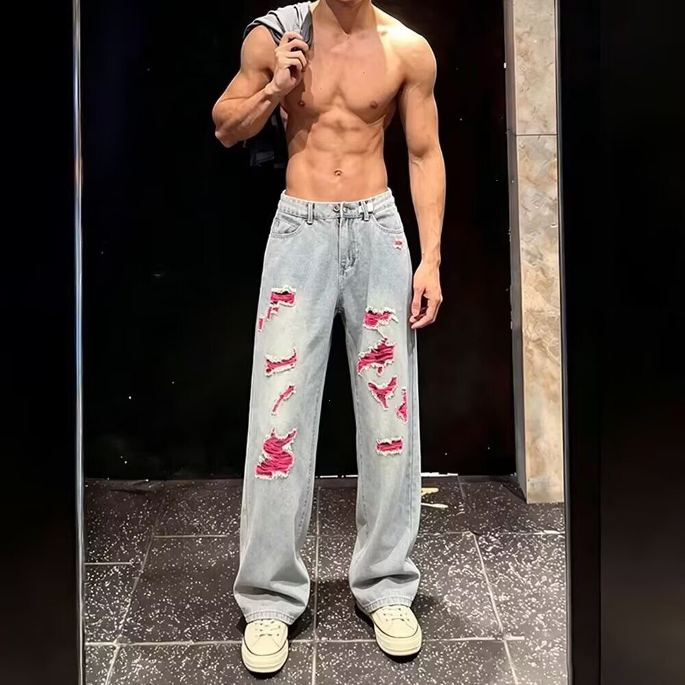 美式复古水洗破洞牛仔裤男款春秋潮牌痞帅vibe裤子设计感直筒长裤