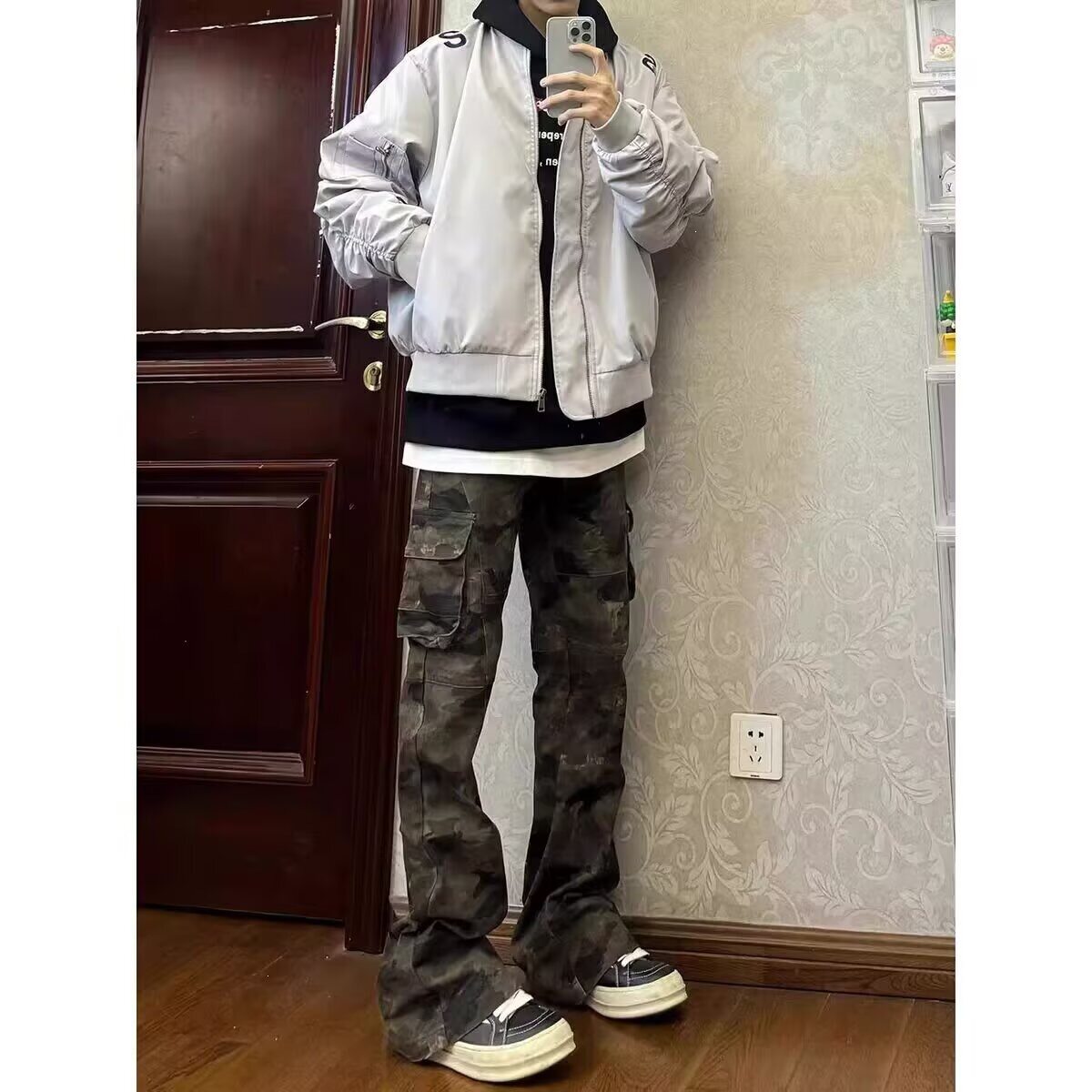 美式复古迷彩微喇工装裤男款秋季vibe高街裤子cleanfit修身牛仔裤图片