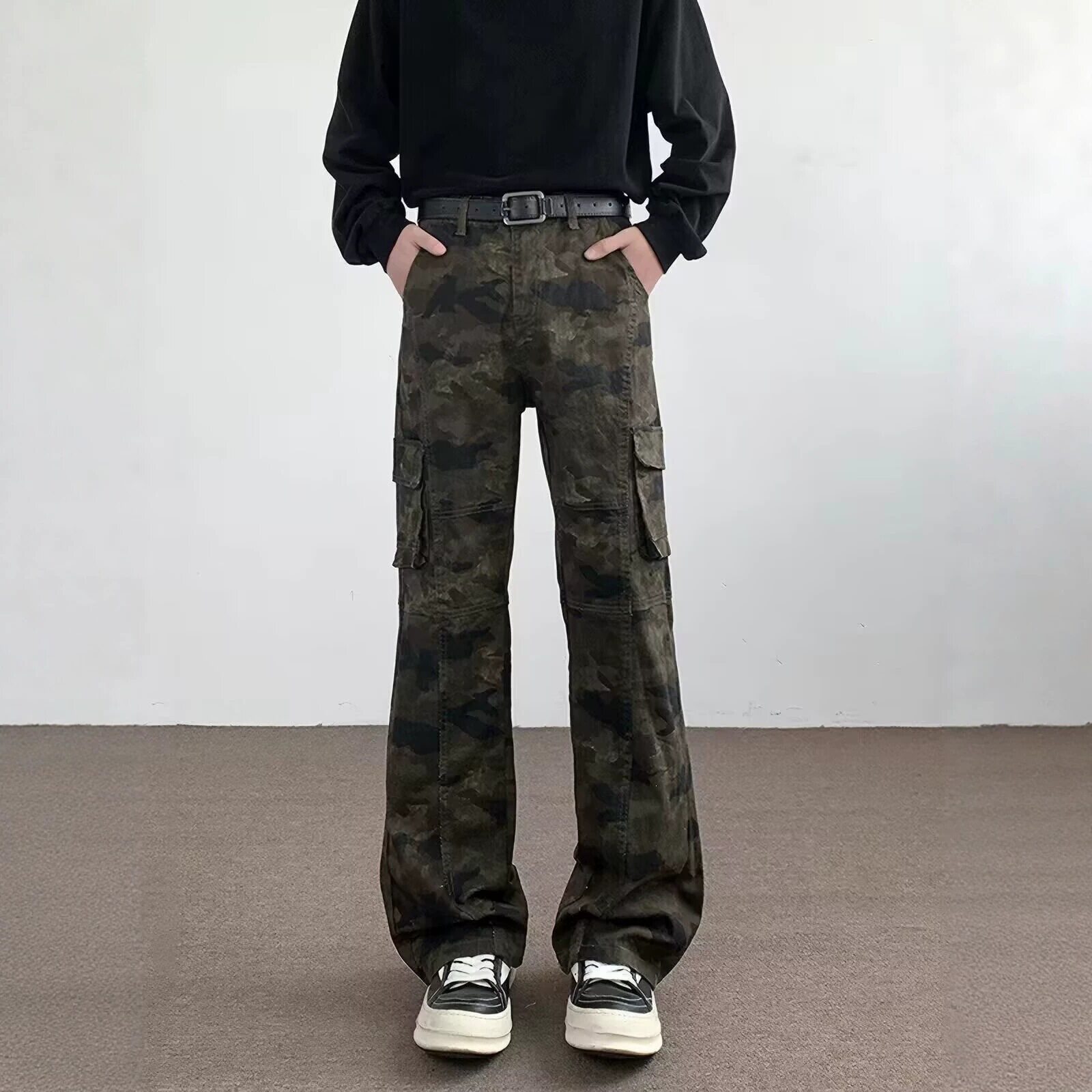 跨境美式复古多口袋迷彩工装牛仔裤男cleanfit微喇显瘦休闲裤批发