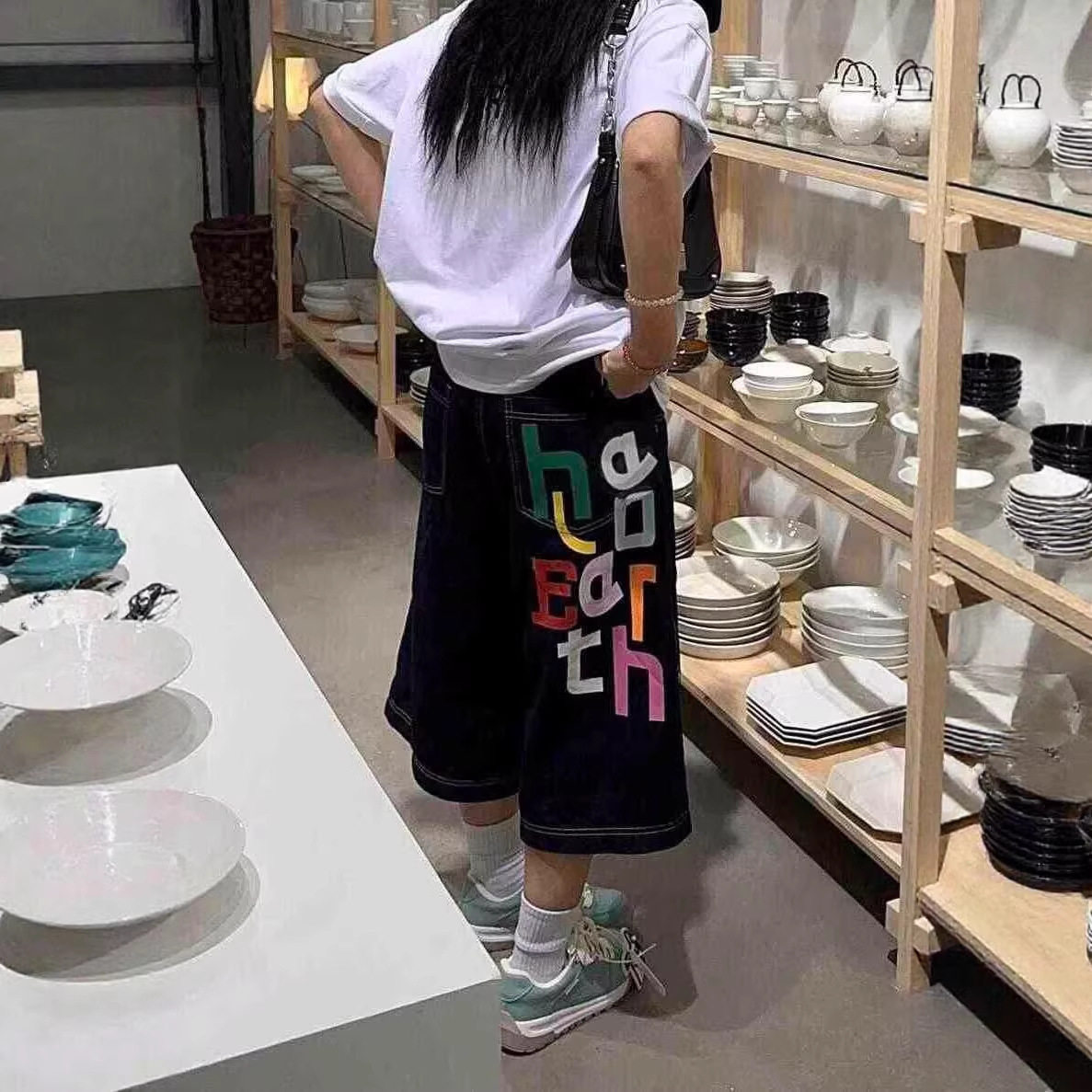 【跨境外贸专供】美式复古趣味印花设计阔腿宽松直筒七分牛仔短裤