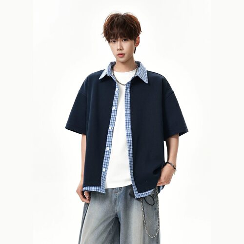 美式格子拼接短袖衬衫男2026夏季潮牌宽松复古百搭情侣假两件衬衣