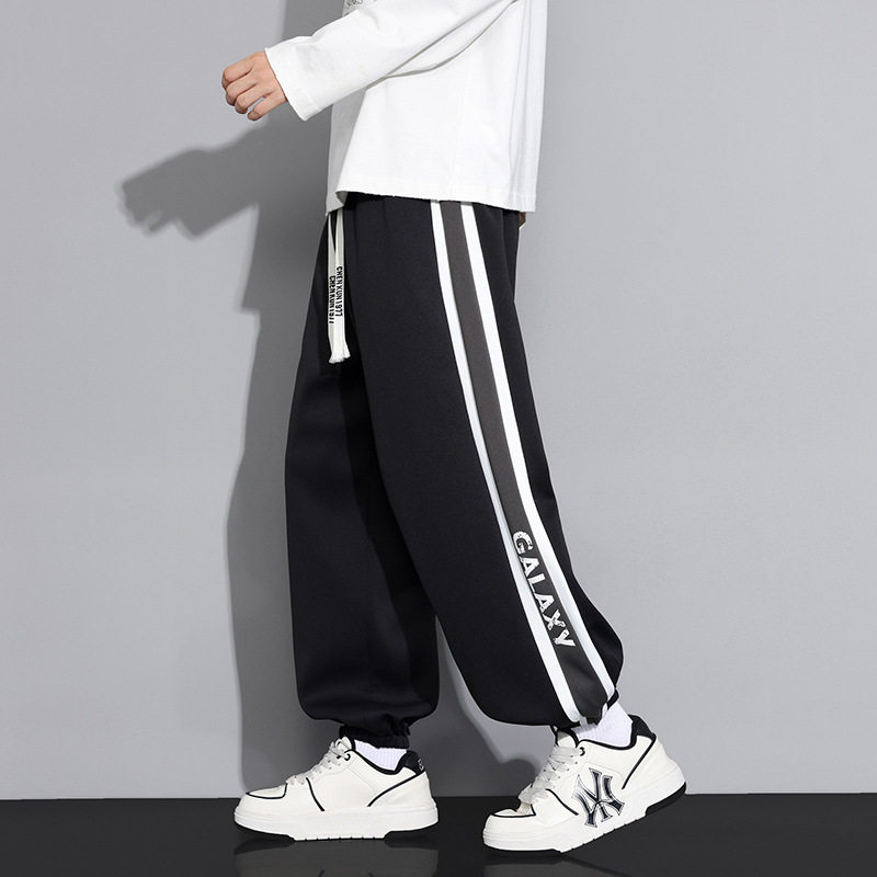 束脚裤子男款春秋季美式宽松束脚休闲长裤青少年条纹拼接运动卫裤