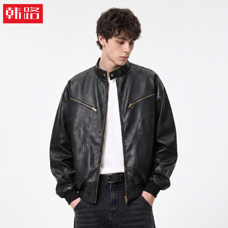 韩路|美式简潮立领防风PU皮衣外套男秋季复古宽松廓形机车服夹克