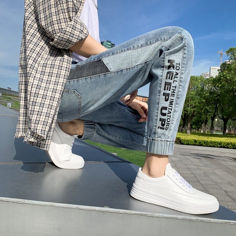 春季牛仔裤男士修身小脚百搭韩版潮流哈伦束脚休闲浅色潮牌长裤子