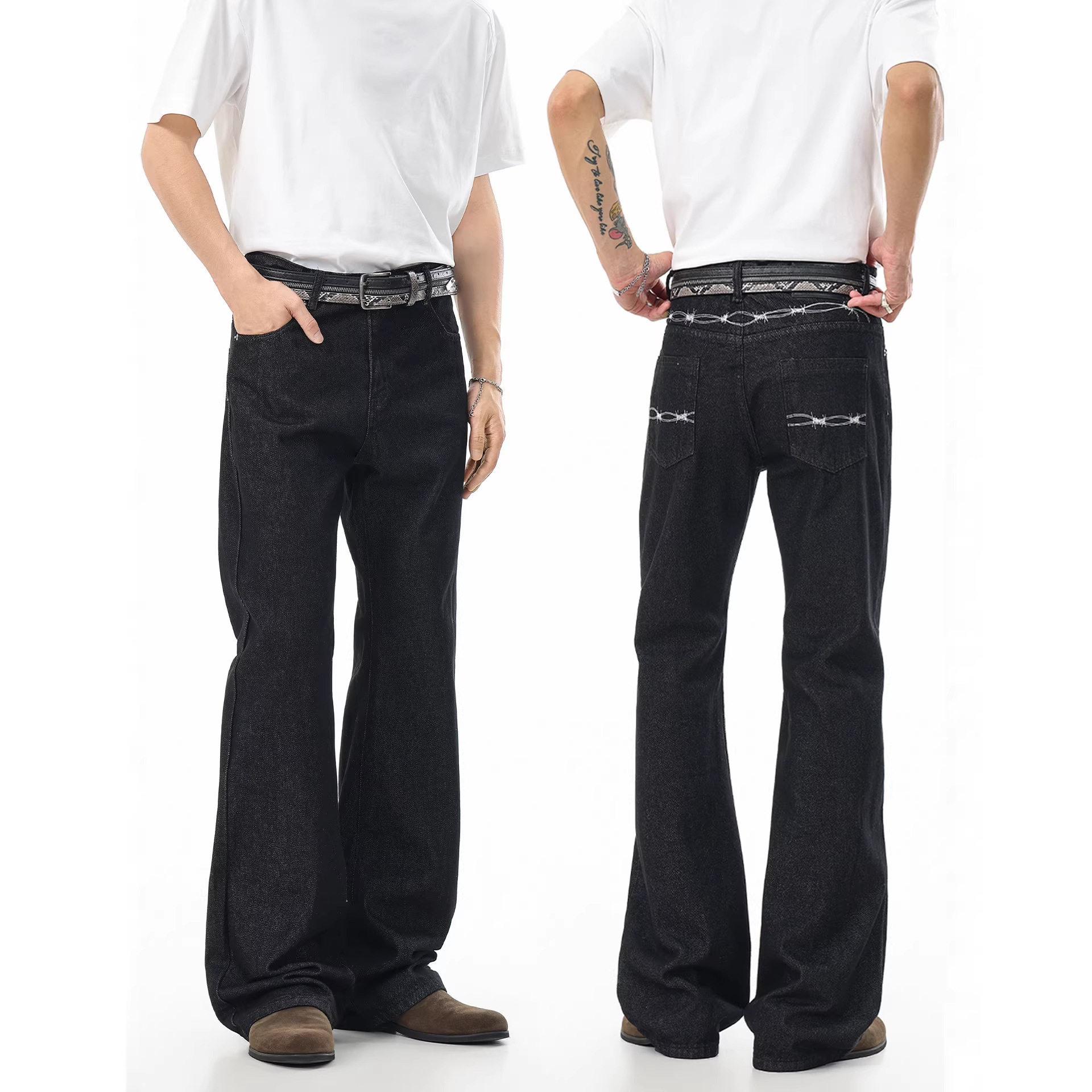 美式复古荆棘刺绣黑牛痞帅牛仔裤男女宽松休闲阔腿cleanfit微喇裤