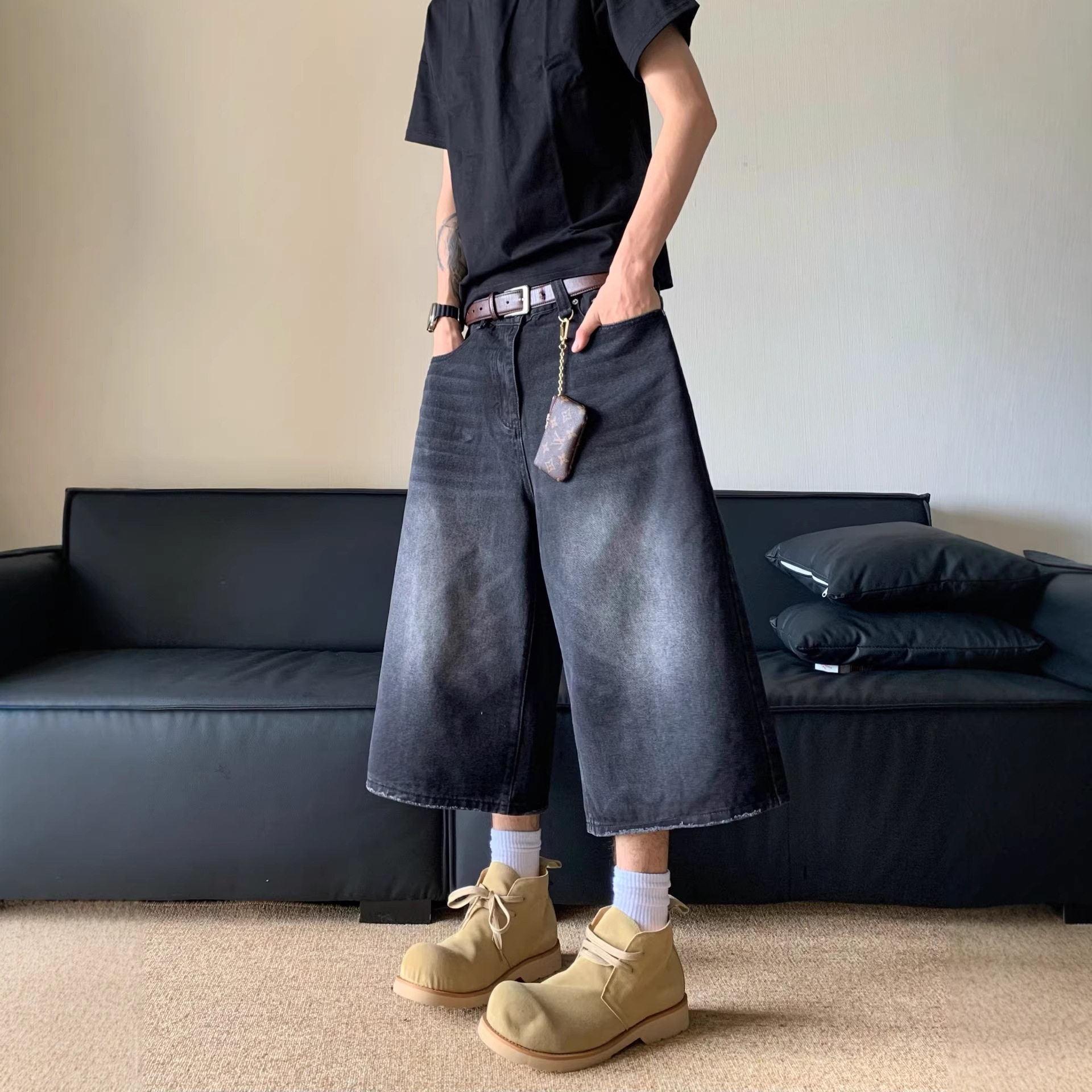 港风复古做旧男士宽松阔腿牛仔短裤潮牌夏季慵懒风怀旧色古着七分