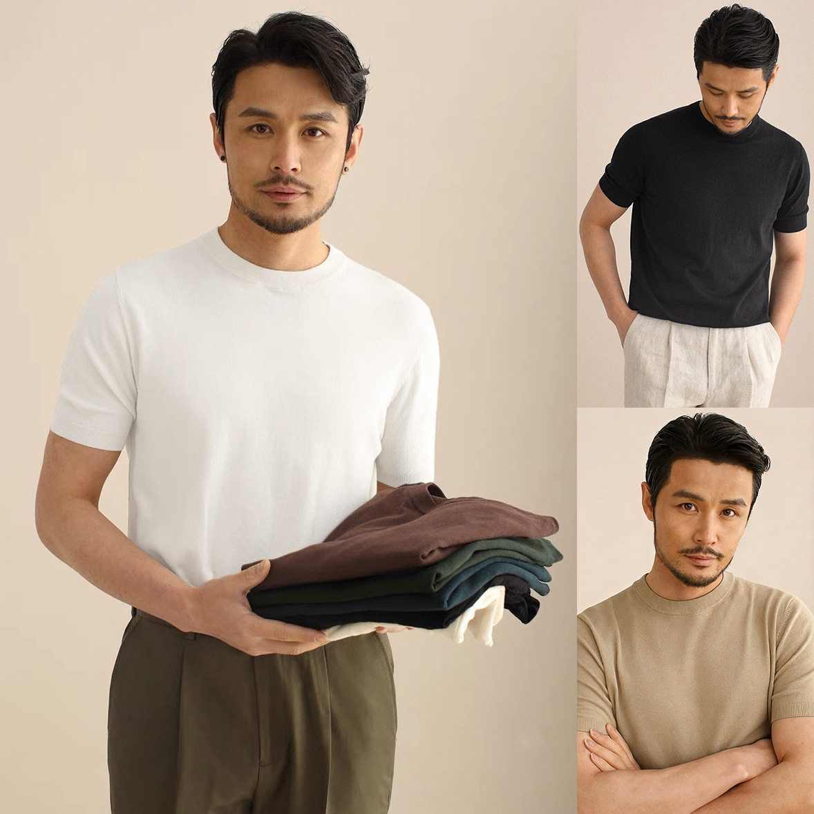 针织衫短袖T恤男纯色圆领西装内搭百搭老钱风冰丝夏跨境工厂批发