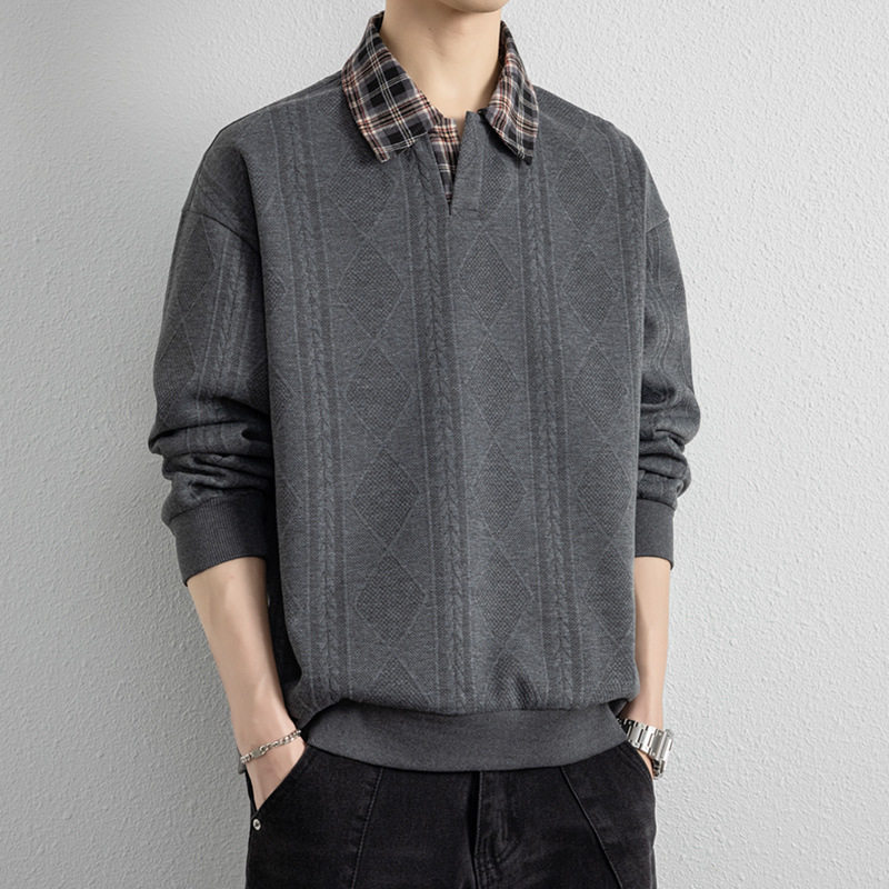 卫衣男春秋季新款衬衫领POLO衫男士假两件休闲百搭长袖体恤男外套