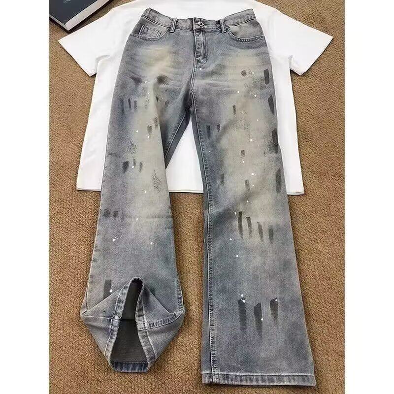 脏染泼墨牛仔裤男直筒宽松阔腿水洗复古美式高街裤子潮牌痞帅长裤
