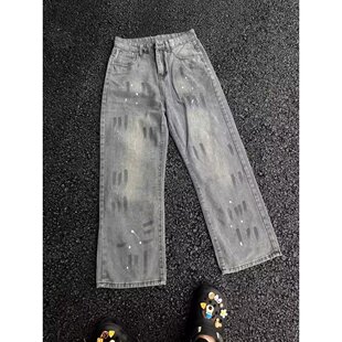 美式高街复古泼墨牛仔裤男童潮流新款休闲裤男生水洗直筒长裤子男