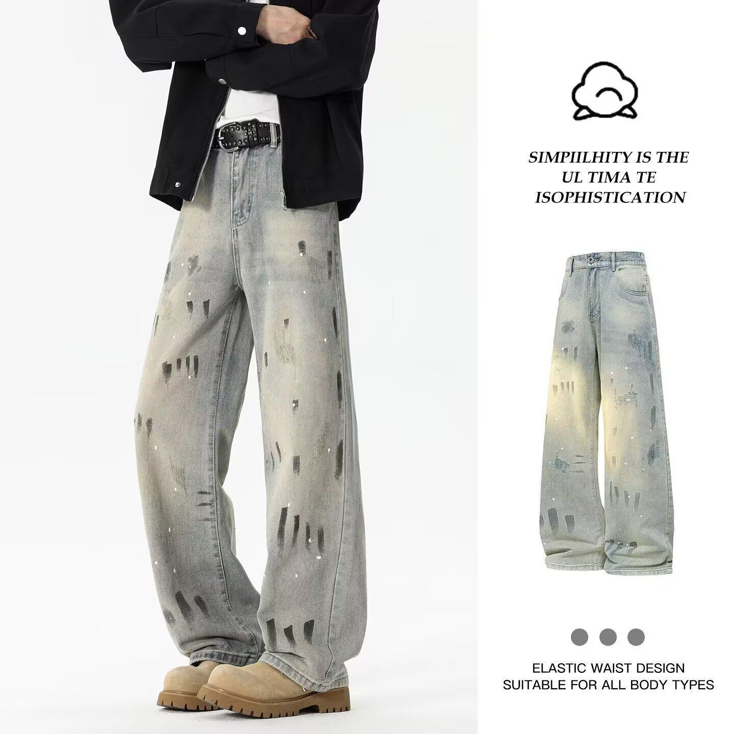 跨境批发蓝色复古扎染泼墨牛仔裤男款废土风长裤子潮牌阔腿微喇裤