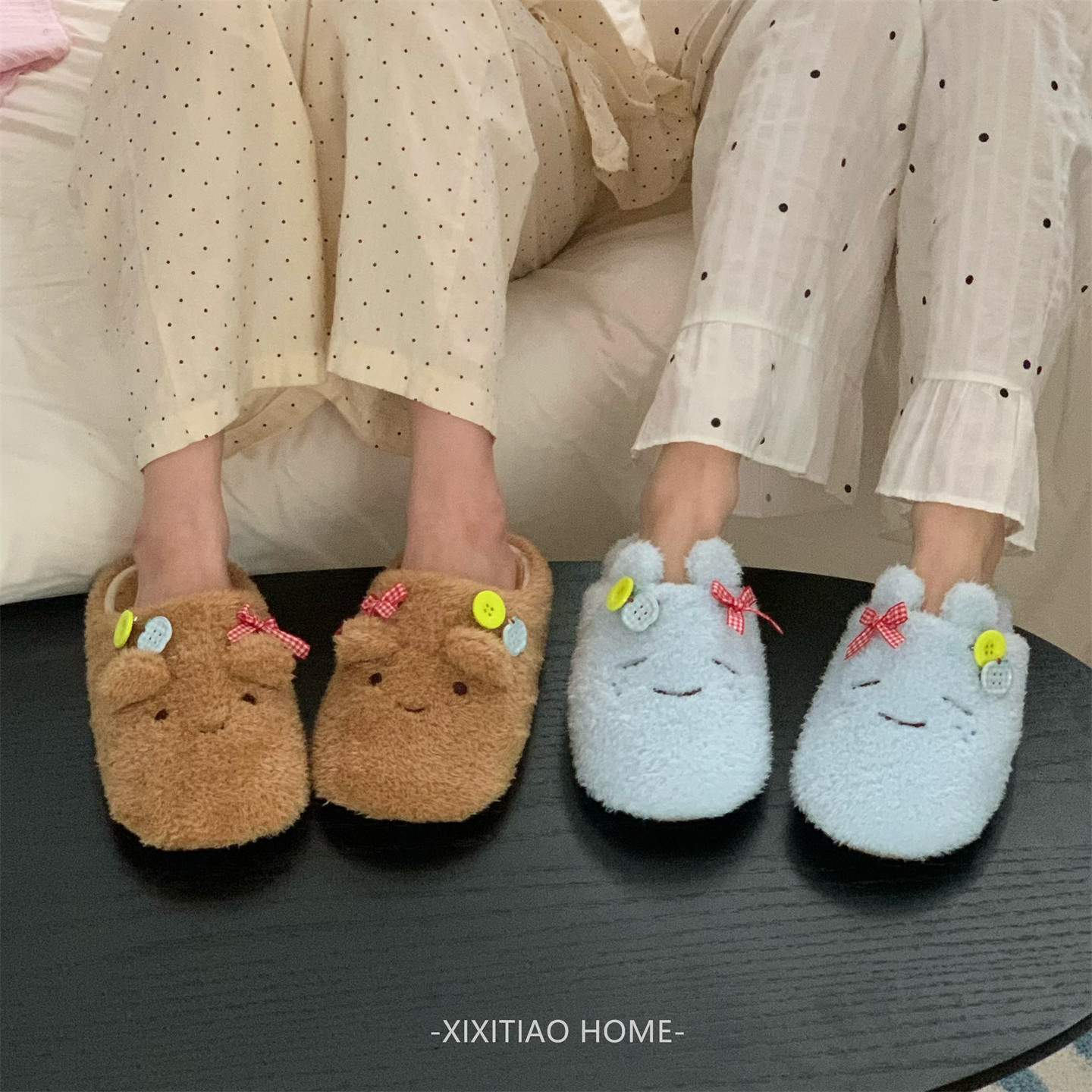 细细条女士日系卡通软底棉拖鞋秋冬居家防滑可爱包头静音地板拖鞋