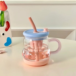 高颜值办公室泡茶杯2025新款 水杯玻璃杯女生夏季 家用把手吸管杯子