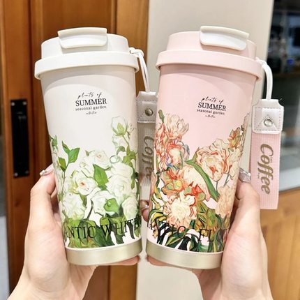 咖啡保温杯女生2025新款双饮水杯轻奢高级感带吸管杯子随行大容量