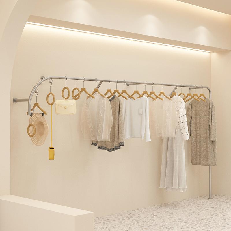服装店展示架女装货架陈列架落地式不锈钢银色拉丝货架上墙挂衣杆