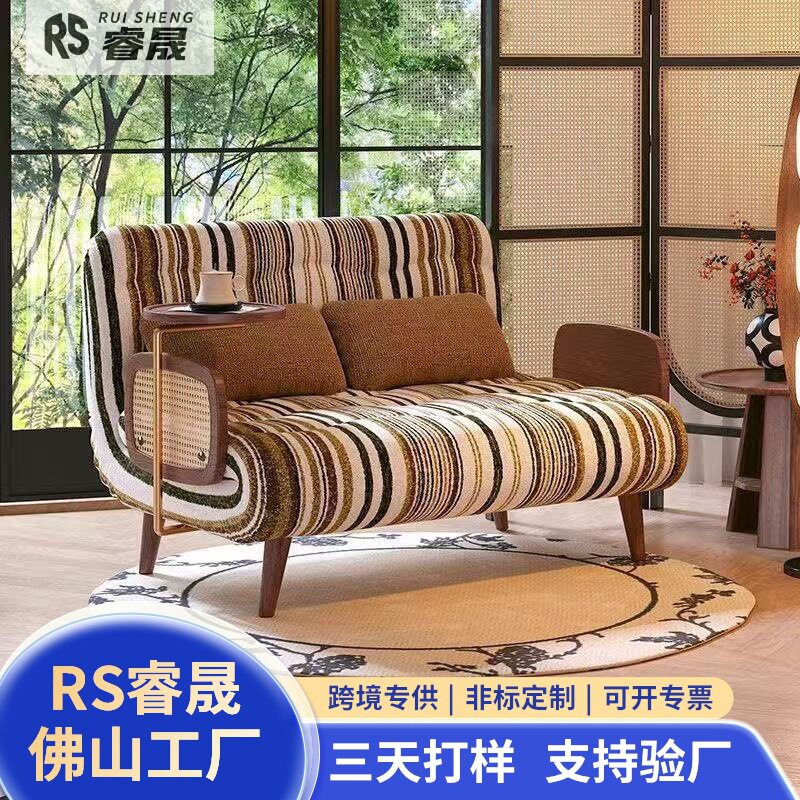 美式复古老虎椅法式简约条纹高靠背棉麻布艺单人沙发椅懒人沙发椅