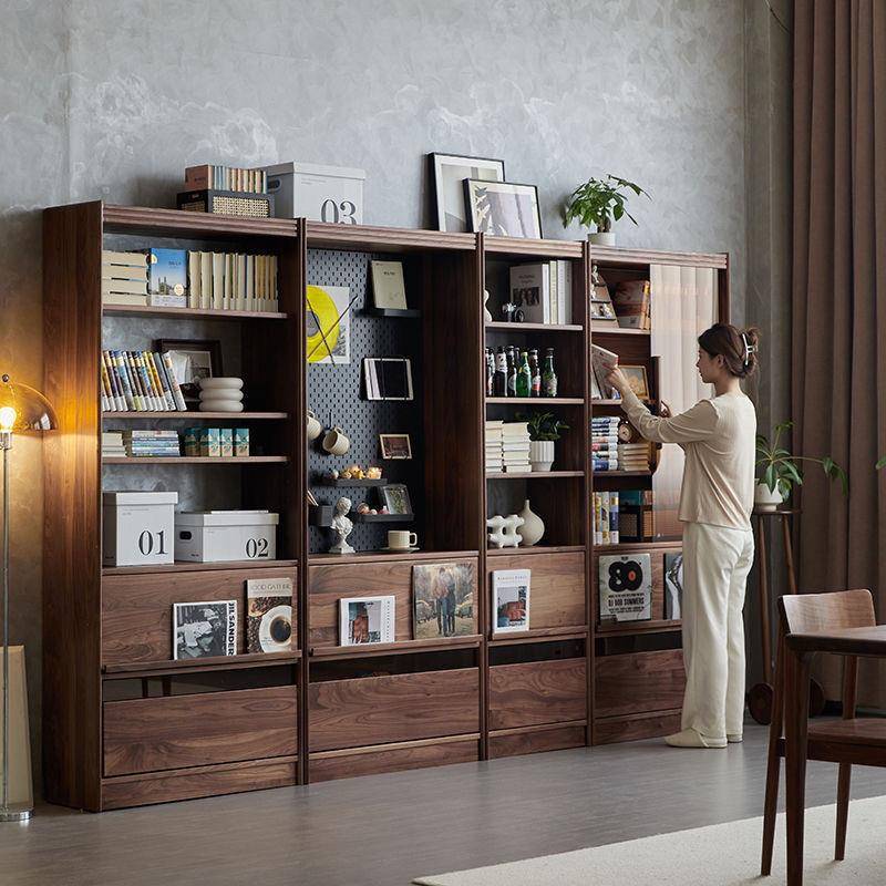 北美胡桃木书柜玻璃门实木落地书架客厅展示柜置物架整墙组合柜