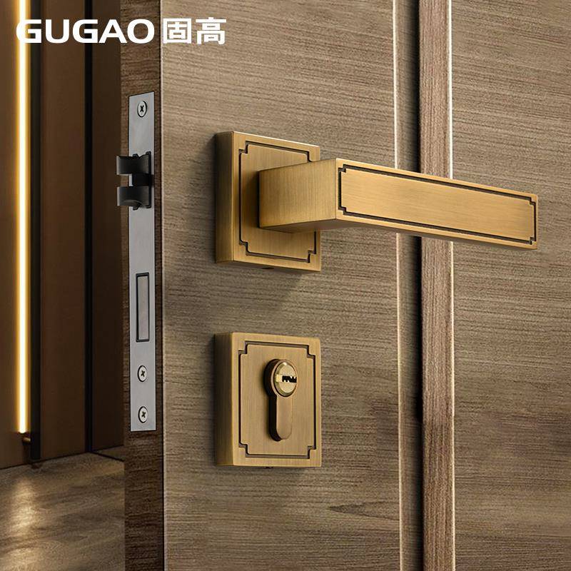 my新中式古铜室内卧室房门锁磁吸静音分体门把手金色房间木门锁