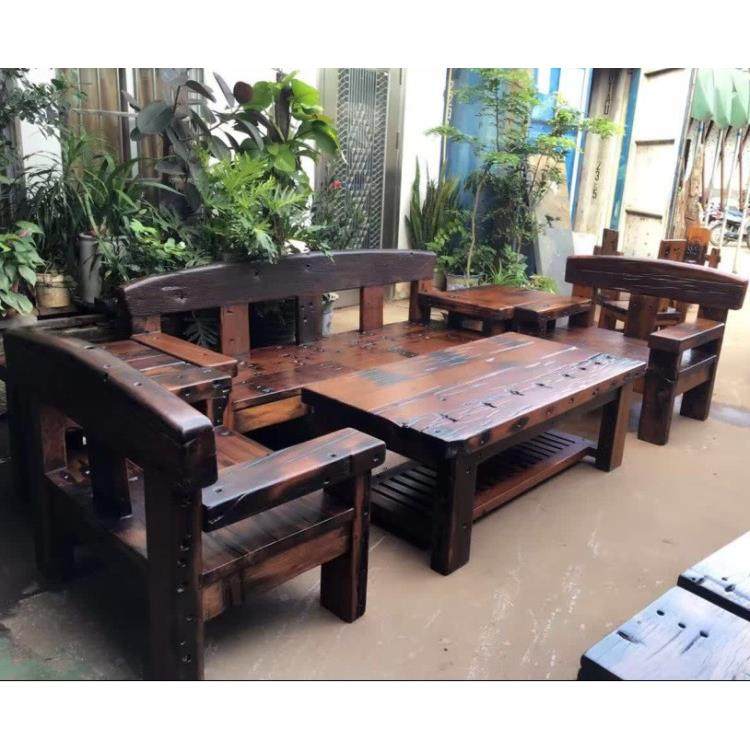 老船木家具沙发茶几组合中式实木原木仿古别墅客厅三人沙发