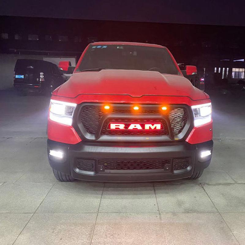 适用19-24年道奇公羊RAM1500带灯中网大角牛改装叛逆者前脸格栅
