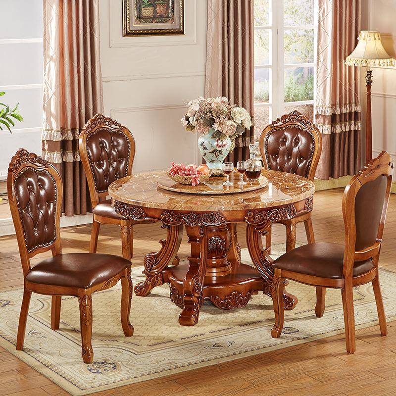 欧式餐桌椅组合大理石圆桌带转盘美式实木雕花家用小户型6人饭桌