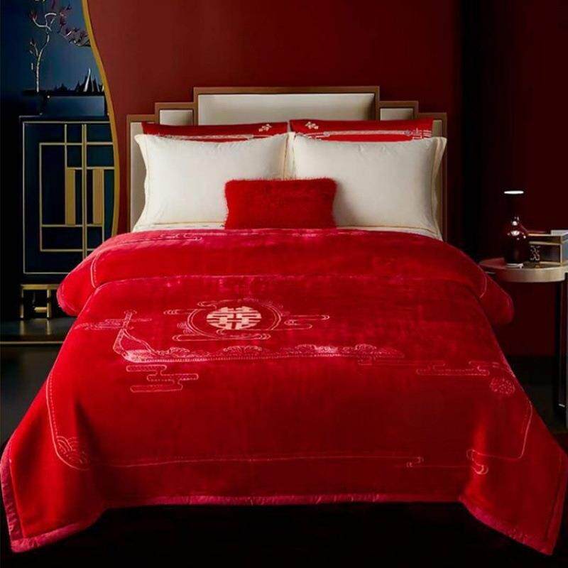 结婚大红色毛毯婚庆喜字盖毯双人云毯冬季加厚毯子新婚陪嫁送