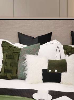 现代简约墨绿色编织拼接抱枕民宿酒店客厅沙发靠垫多件套组合