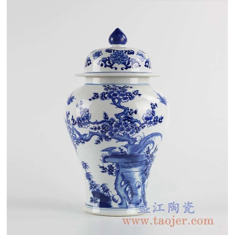 青花梅花花鸟将军罐储物罐花瓶景德镇摆件工艺品创意陶瓷瓶