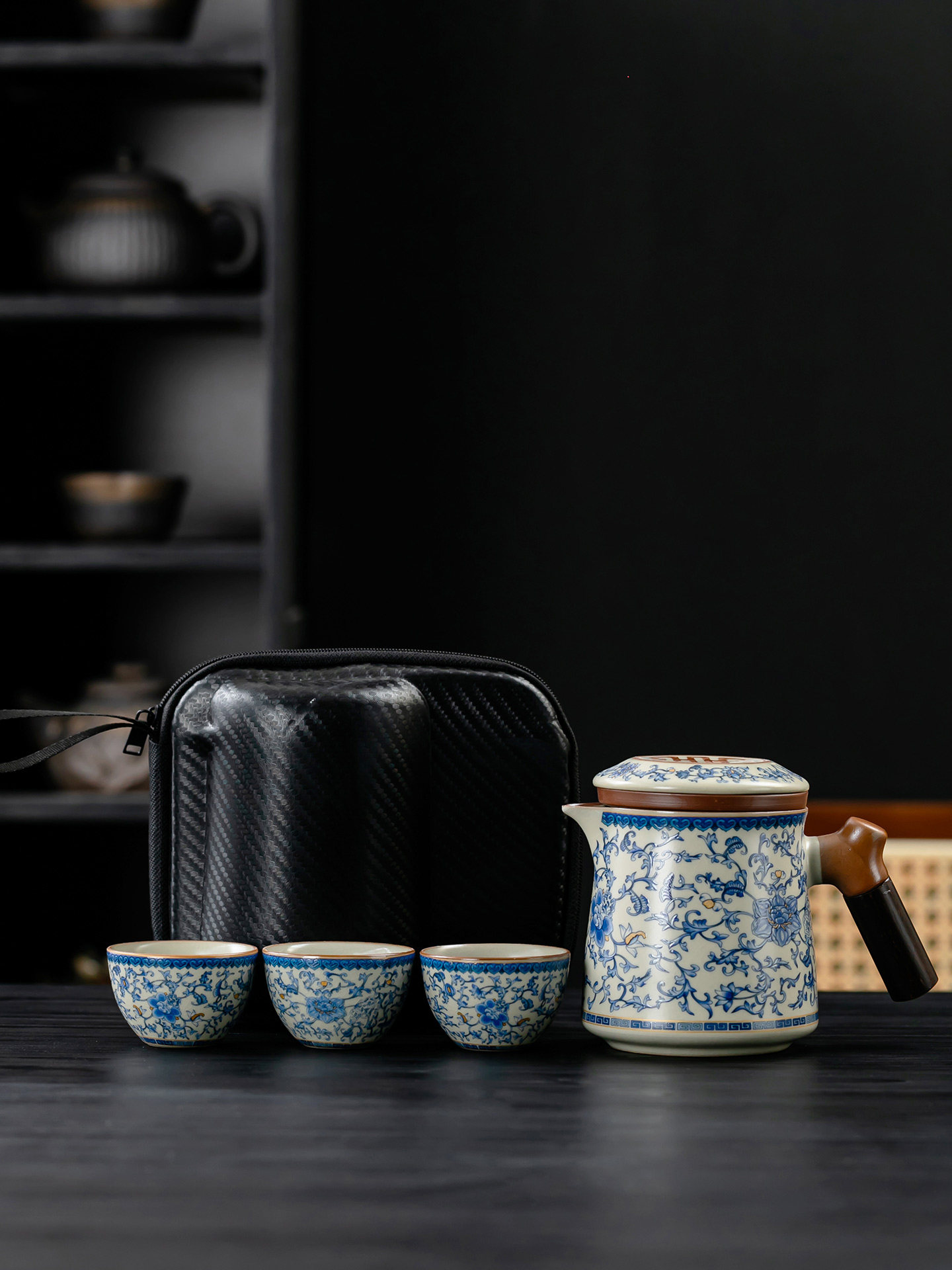 汝窑旅行茶具套装一壶三杯便携式快客杯户外露营泡茶壶茶杯收纳包