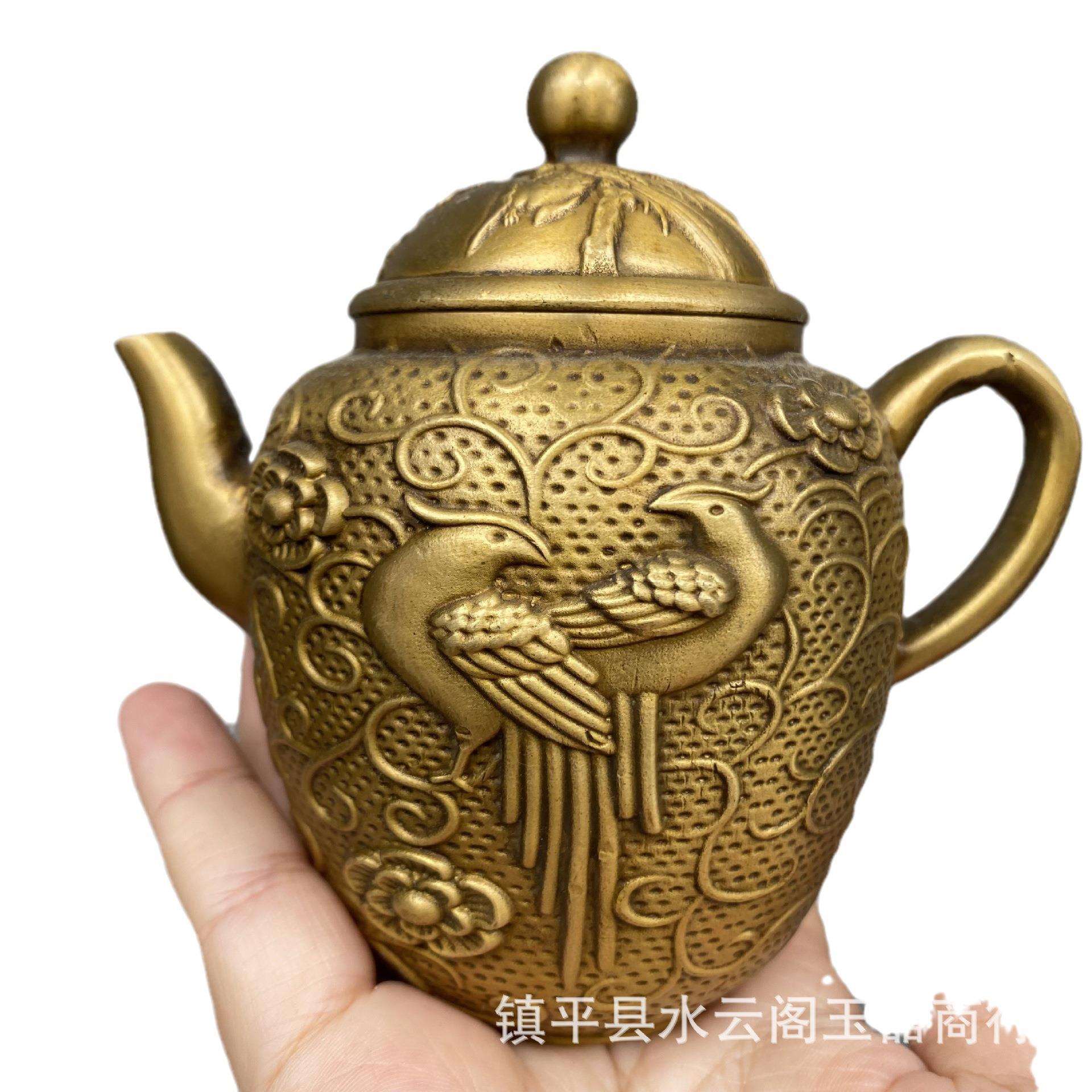 古玩铜器酒壶黄铜双鸟小茶壶浮雕花纹包浆润泽家居茶道工艺摆件