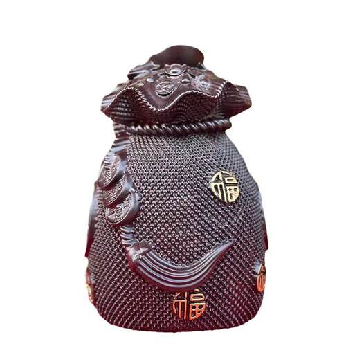 黑檀木雕黄金钱袋摆件存储钱袋福袋客厅酒柜电视柜红木饰品存钱袋