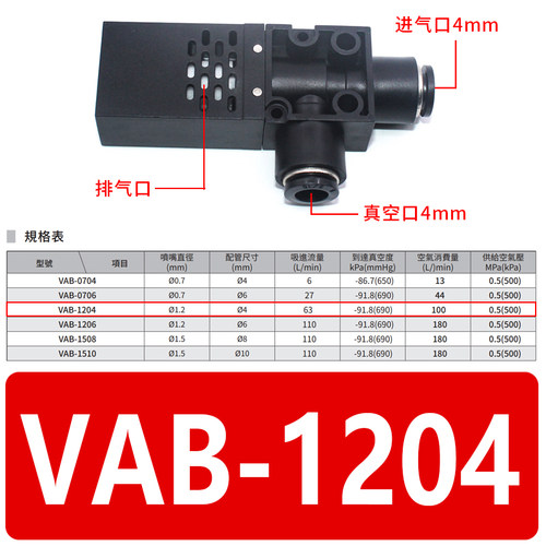 VAB1206简易真空发生器VAB0706/VAB0704/VAB1204/VAB1508/VAB1510