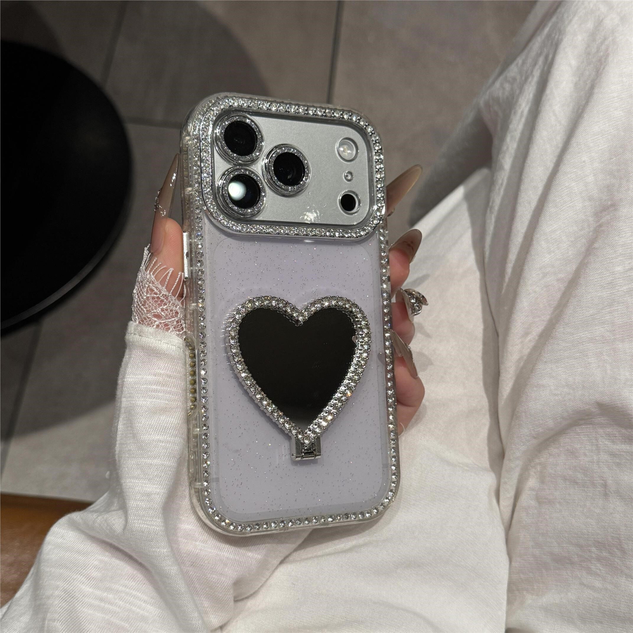 【两面带钻】新款爱心镜子支架闪钻适用iPhone17promax手机壳闪粉镜头膜苹果16pro女高级15pm/14防摔13保护套