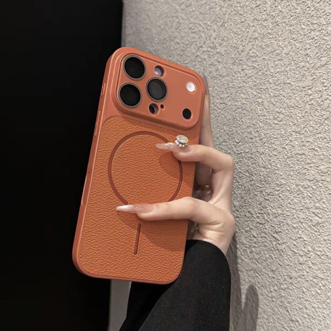 橙色荔枝纹磁吸适用苹果17手机壳iPhone17promax高级感16pro新款新品15全包防摔保护套14巨好看13爆款外壳