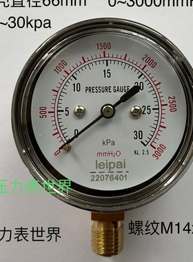 压力表 0-30KPA 3000MMH20 双刻度 直径66MM 螺纹M14X1.5 径向 立