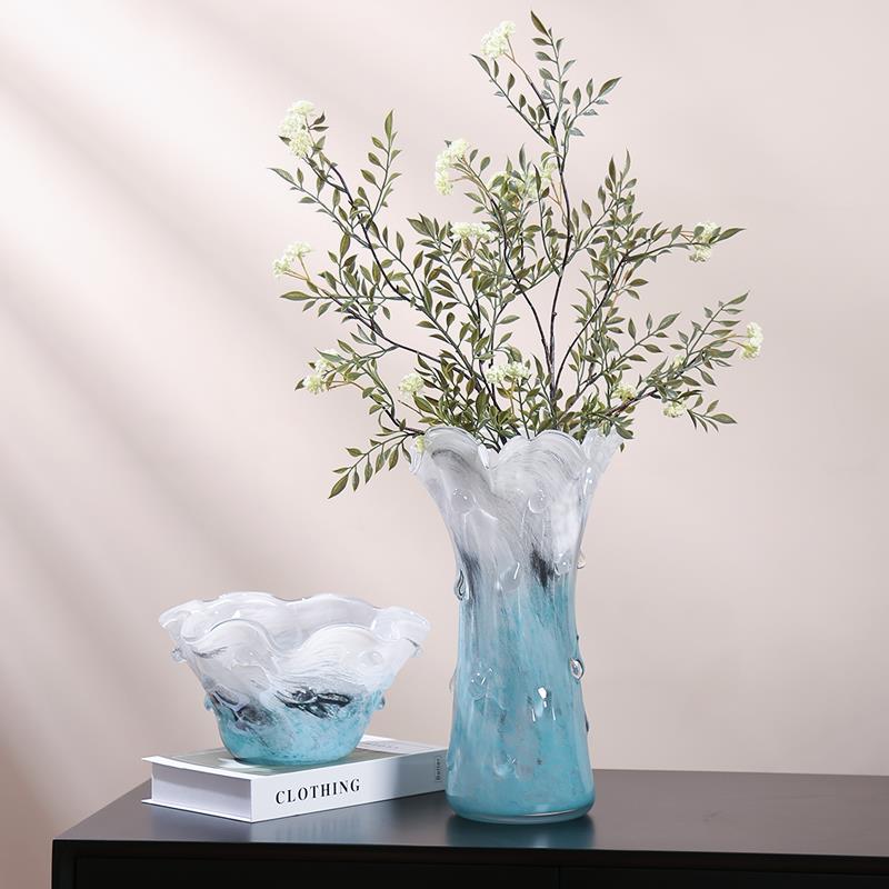 现代轻奢水墨琉璃花瓶果盘套装艺术摆件玄关餐桌装饰客厅插花花器