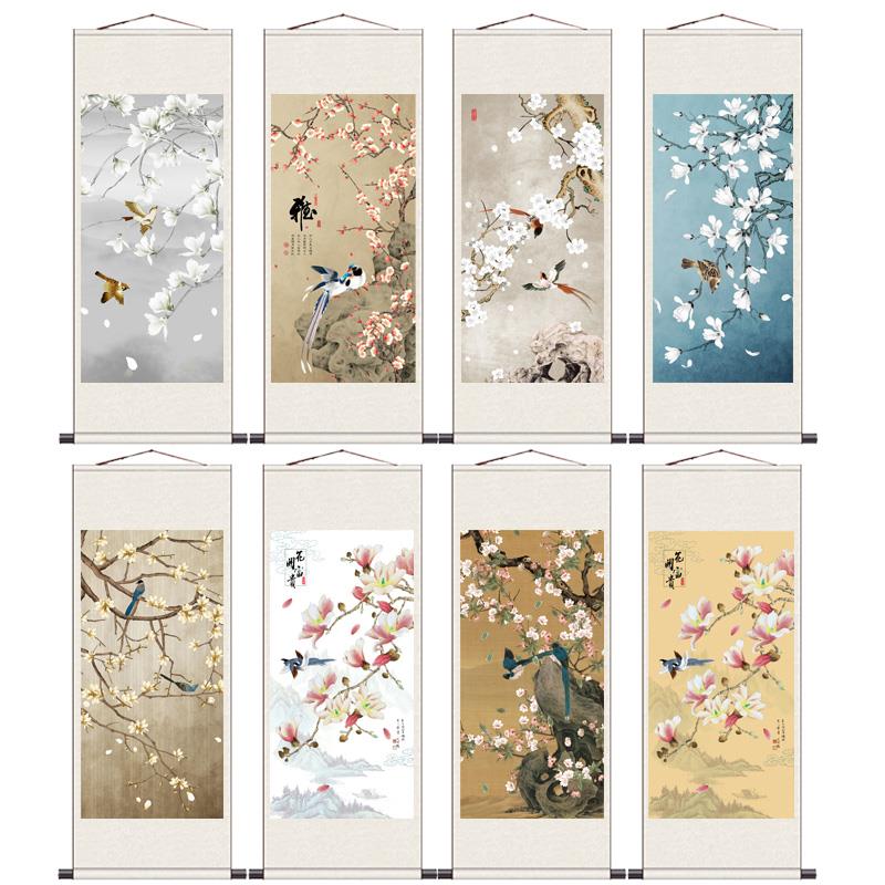 丝绸挂画卷轴礼品画荷花九鱼玉兰花开办公室装饰画茶楼古典挂画