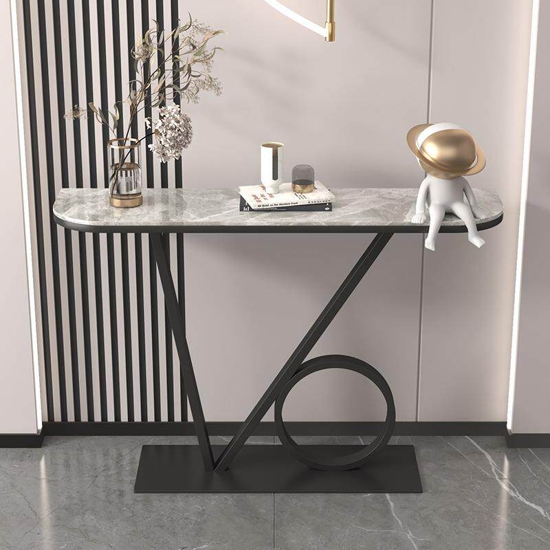 轻奢玄关桌入户装饰玄关柜简约现代半圆岩板新中式条案玄关台创意