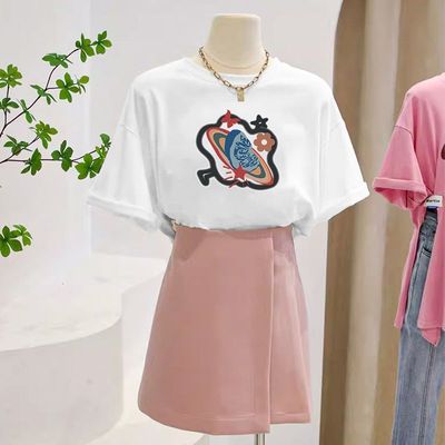 白色印花正肩短款t恤女夏季2025新款爆款宽松小个子短袖体恤上衣