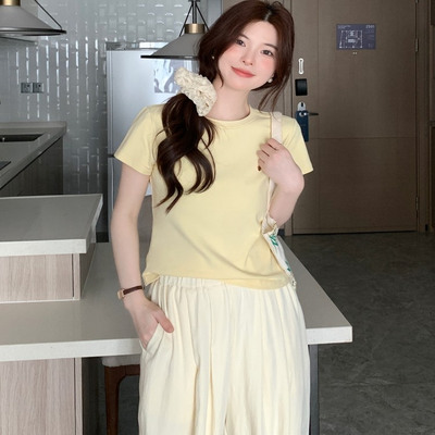 正肩弹力修身基础小版型白色T恤女圆领简约内搭显瘦打底上衣短袖