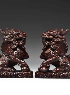 黑檀木雕麒麟摆件一对木制家居办公室客厅卧室装饰工艺品开业送礼