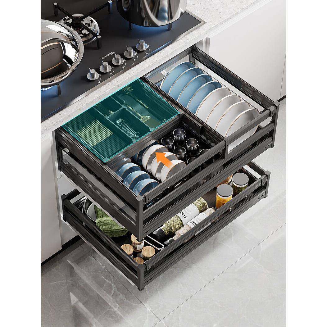 厨房橱柜拉篮双层铝合金抽中抽收纳碗碟架抽屉式碗架碗篮玻璃拉篮